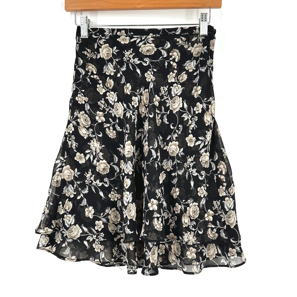 VTG Y2K Express Silk Flare Skirt Petite Dark Floral Whimsygoth Fairy Layered